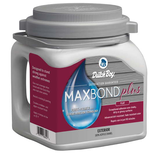 A one-gallon can of Maxbond Plus Exterior Paint & Primer Flat.