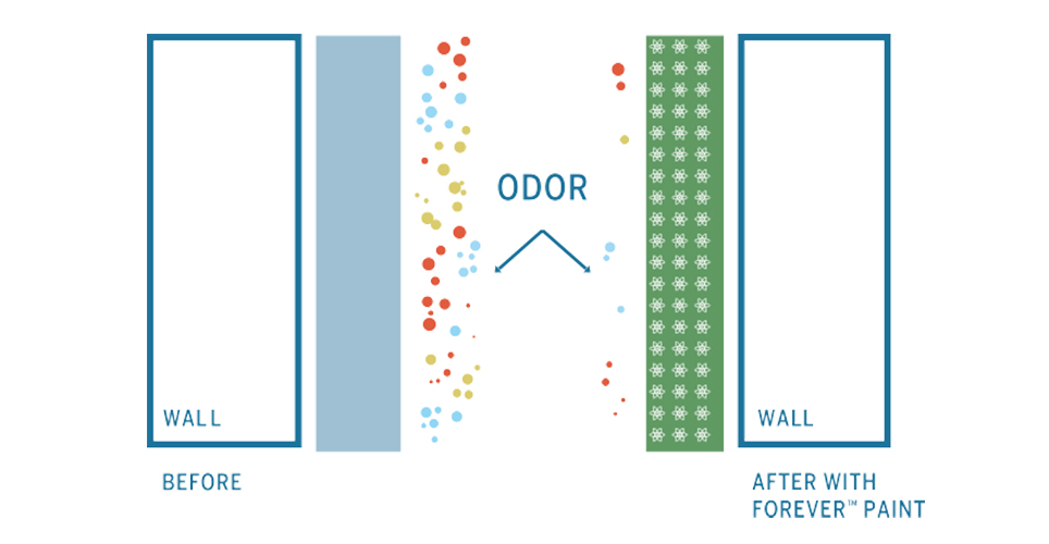 Before/After Graph: Odor vapor molecules contacting and locking into walls. After applying product, the walls are protected. 