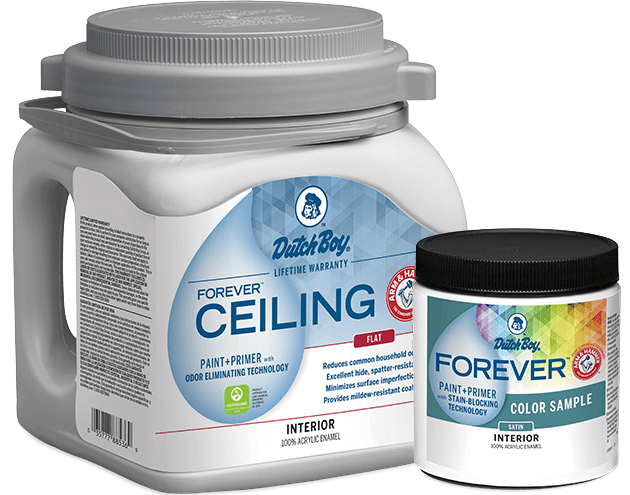 One-gallon can of Forever Ceiling Paint & Primer Flat. One 8-ounce can of Forever Paint & Primer Color Sample Satin.
