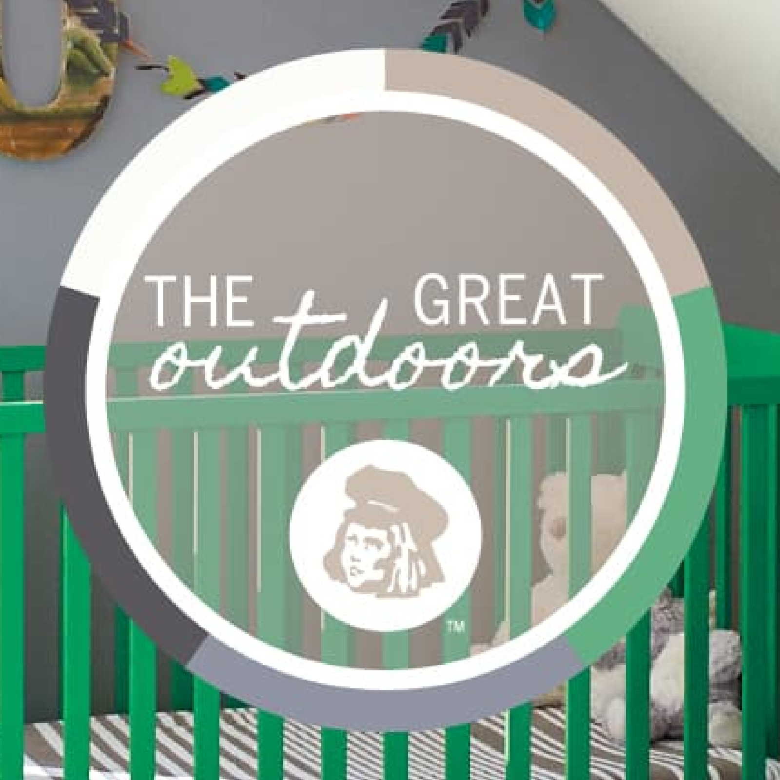 Green crib in nursery with grey walls. Graphic with Dutch Boy icon: The Great outdoors.