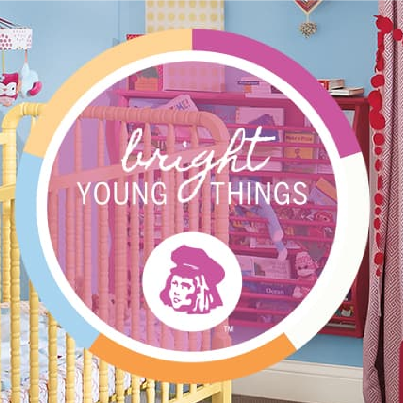 Kid’s bedroom with bright colors and a shelf full of toys. Graphic with Dutch Boy icon: bright young things.
