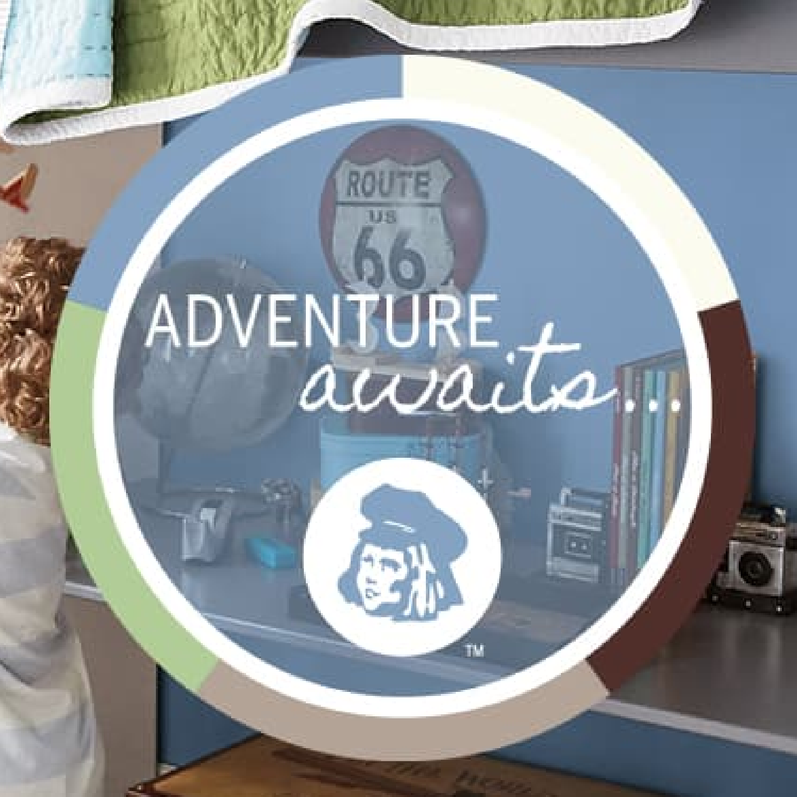 Children’s retro bedroom scene. Graphic with Dutch Boy icon: Adventure awaits...