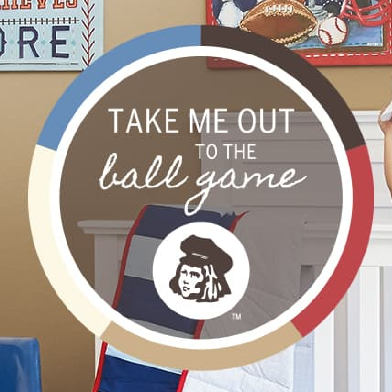 A child’s bedroom with a baseball theme and white bedframe. Graphic with Dutch Boy icon: Take me out to the ballgame.