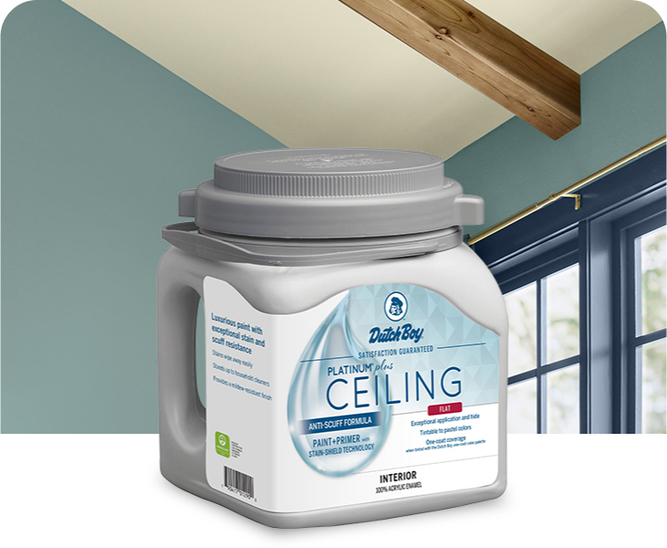 Platinum Plus Ceiling paint can with painted living room ceiling in background.