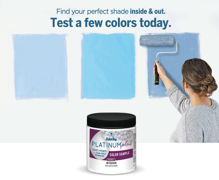 Sample size container of Platinum Plus paint with person using paint roller painting a wall. Text overlay reads “Test a few colors today.”