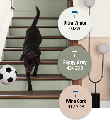 Stylish home entryway with dog chasing soccer ball down a painted wood staircase.