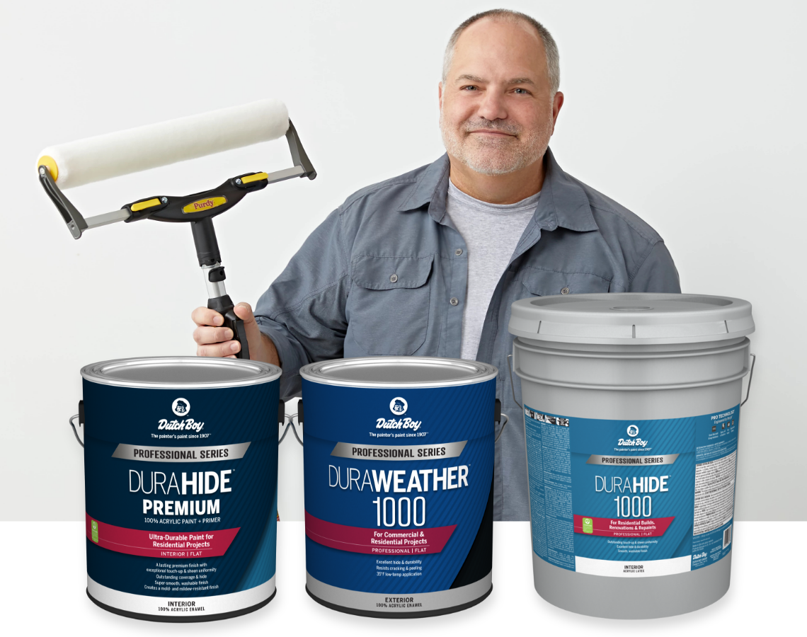 Smiling man holds a paint roller. One-gallon cans of Dura Hide Premium, Dura Weather 1000. Five-gallon bucket Dura Hide 1000.