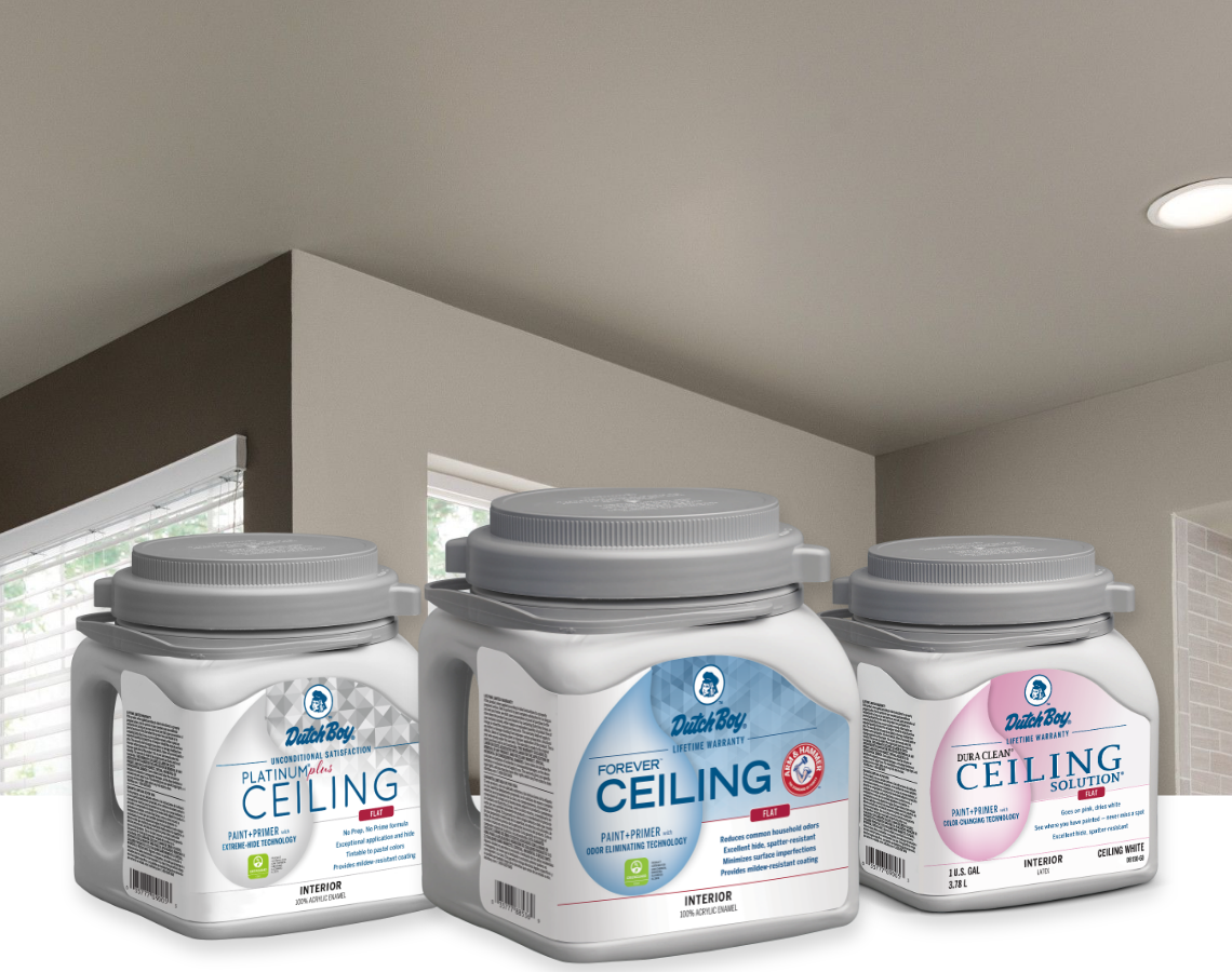 Ceiling of home. One-gallon cans of Platinum Plus Ceiling Flat, Forever Ceiling Flat, Dura Clean Ceiling Solution Flat.