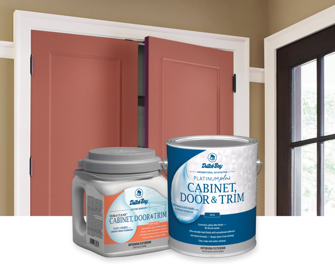 Red closet doors. One-gallon can of Dura Clean Cabinet, Door & Trim. One-gallon can of Platinum Plus Cabinet, Door & Trim.