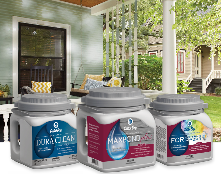 Pretty, well-styled green front porch on a sunny day. One-gallon cans of Dura Clean Satin, Maxbond Plus Flat, Forever Flat.