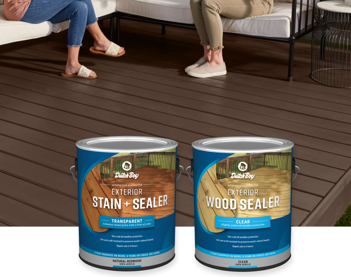 Deck floor stained brown with a couch and people. One-gallon cans of Exterior Stain + Sealer, Exterior Wood Sealer.