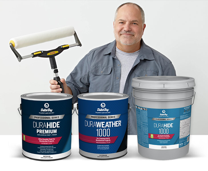 Smiling man holds a paint roller. One-gallon cans of Dura Hide Premium, Dura Weather 1000. Five-gallon bucket Dura Hide 1000.